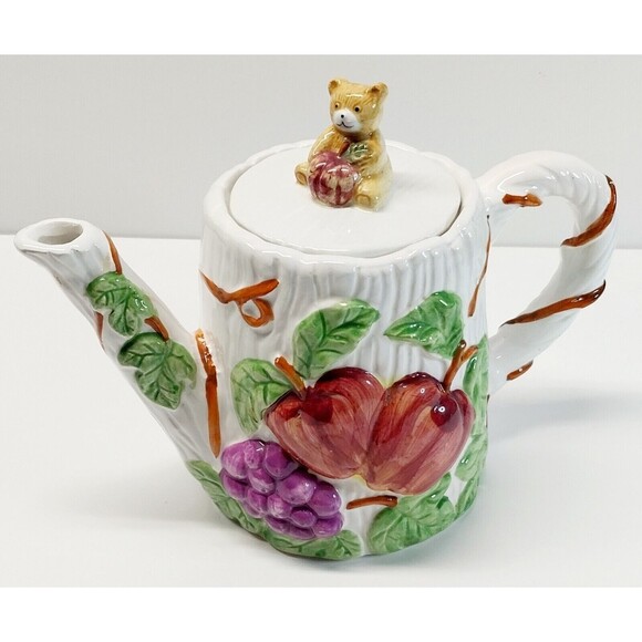 Vintage Ceramic Teapot Garden Fruit Teddy Bear Grapes Apples Collectible Display - Picture 1 of 16